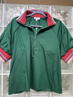entro Green Short-Sleeve Polo with Red & Blue Stripe Trim